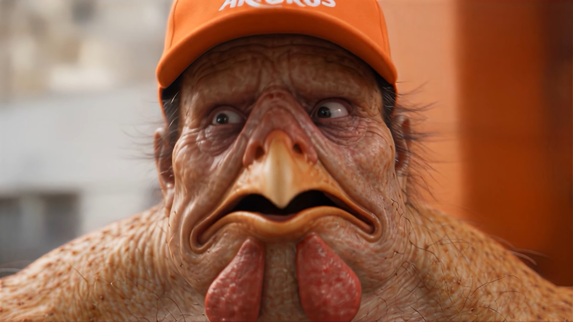Mitad hombre, mitad pollo: el empleado de Arturos en plena transformación, todavía con su gorra naranja