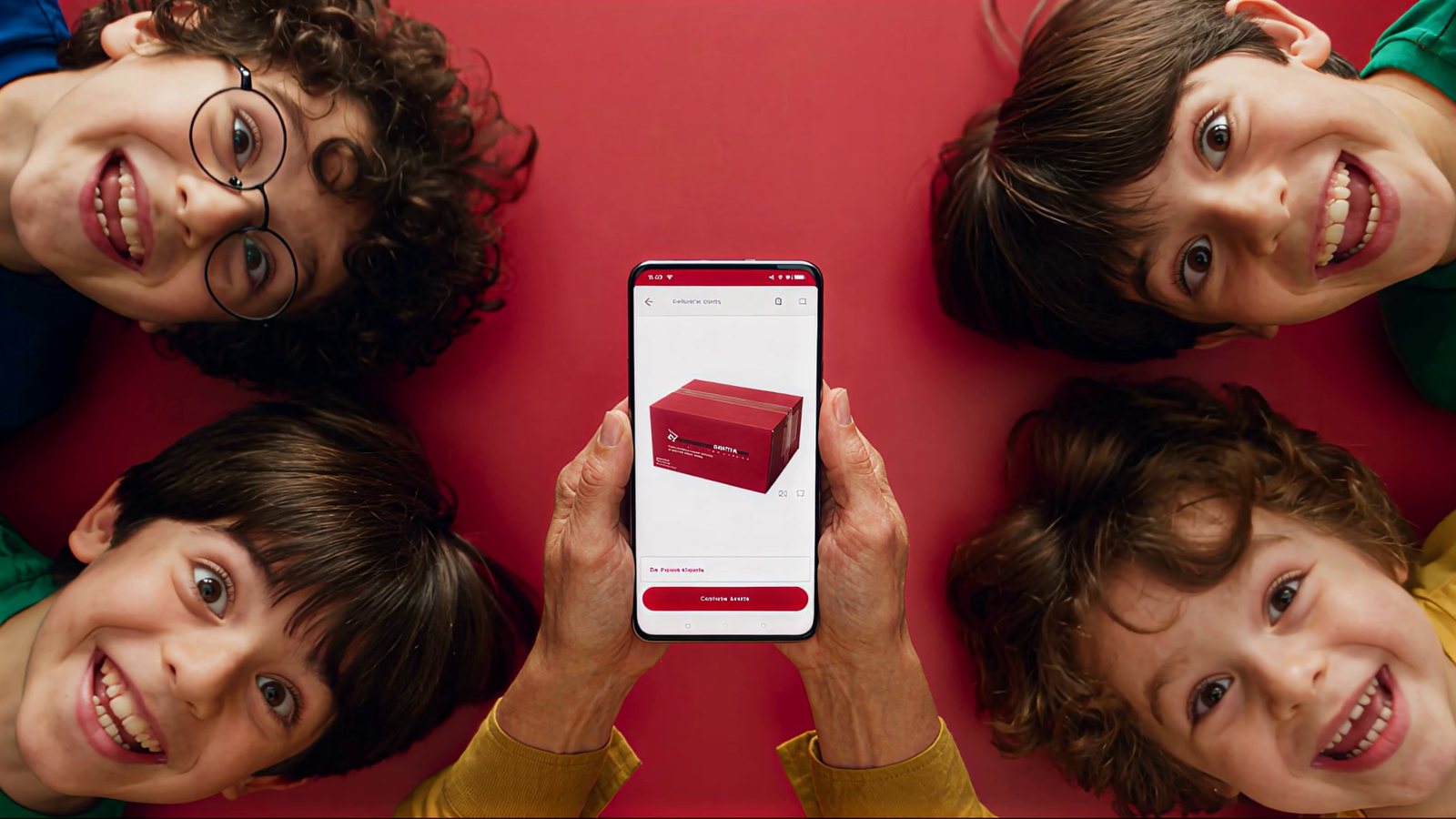 comprarcarne.es — The box is here, shot 01: Overhead: Mum shows the box on her phone and the boys pop in — “Shall we order the box?”