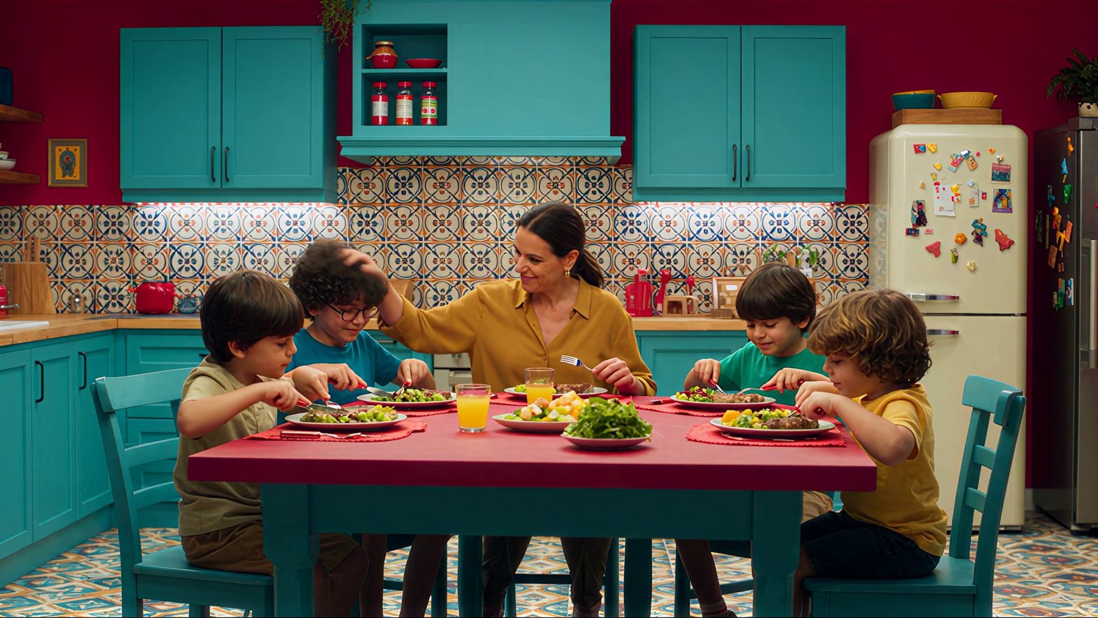 comprarcarne.es — The box is here, shot 15: The whole family at the table — fast zoom out
