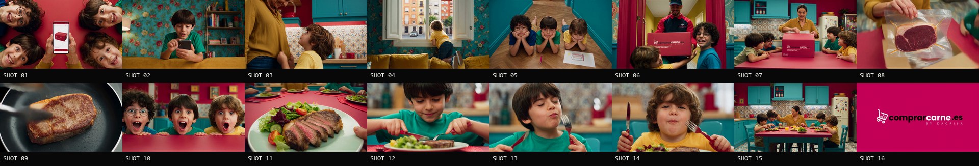 Shot map of the comprarcarne.es film: the 16 shots in order, from the order on the phone to the end card