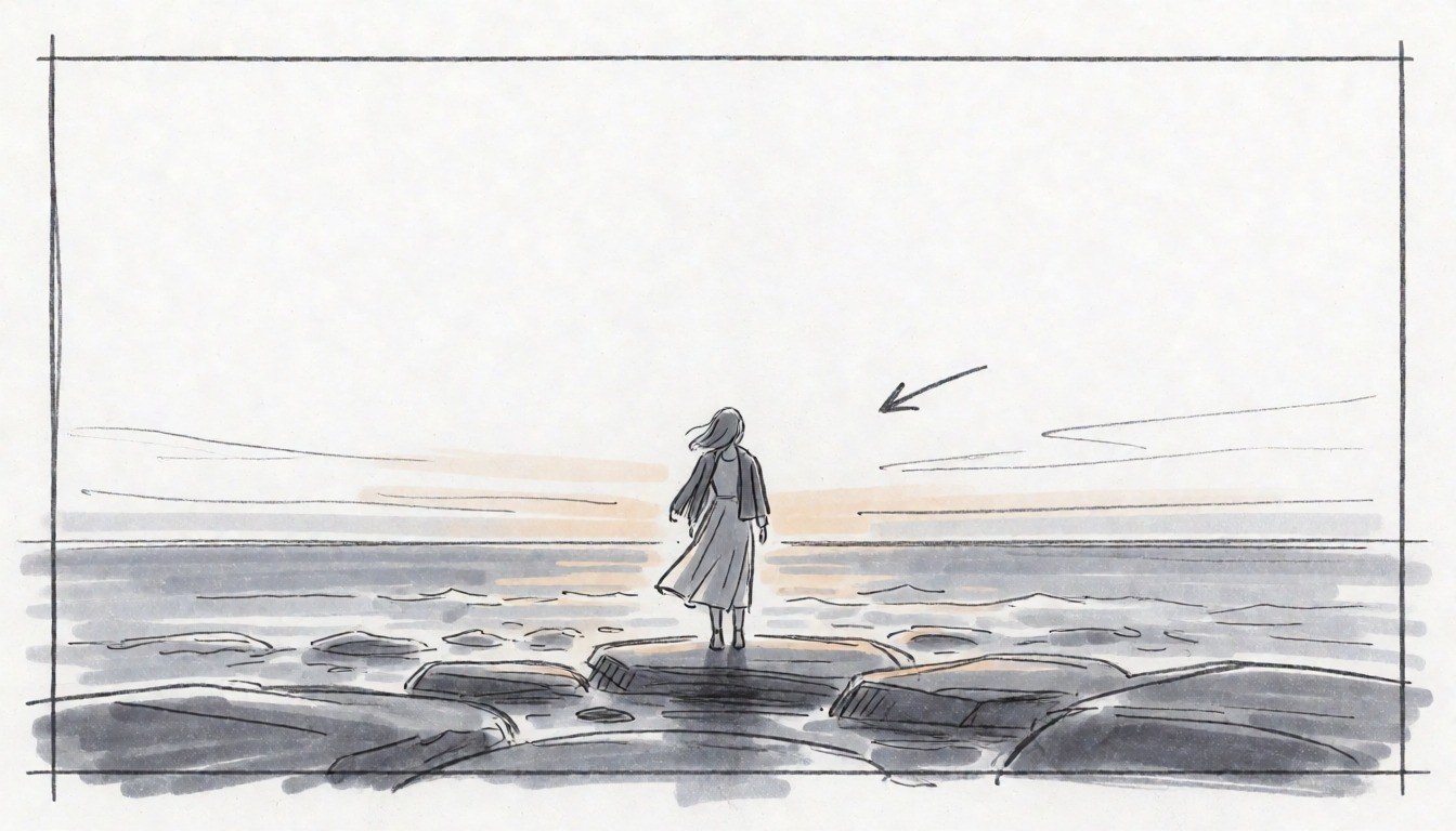 Storyboard frame, shot 01: pencil sketch