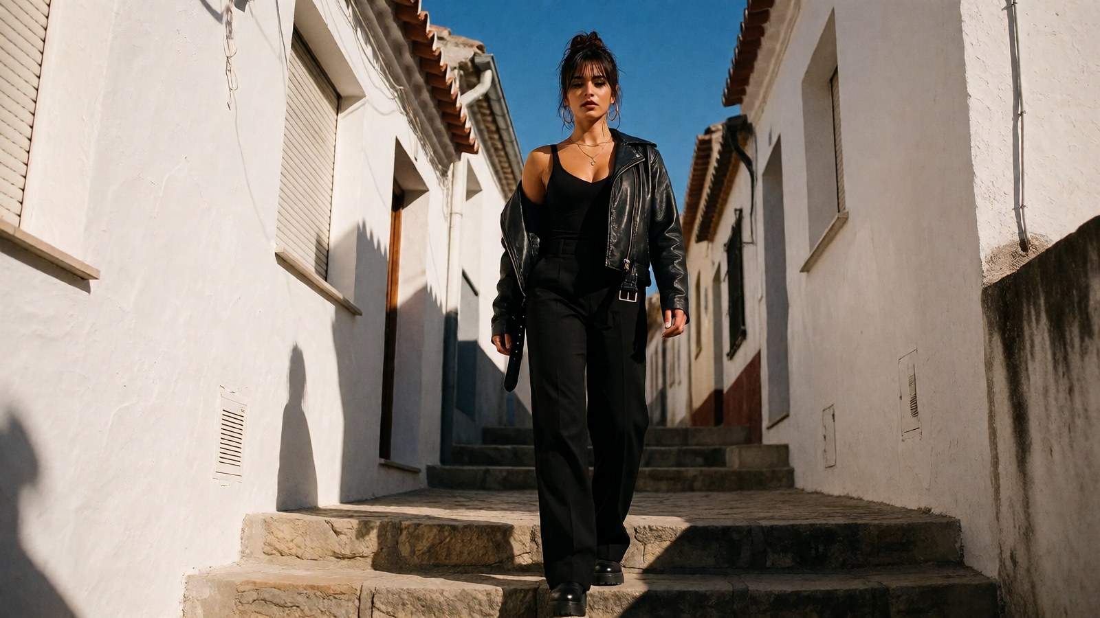 Morning: Zayra walking down white stone stairs