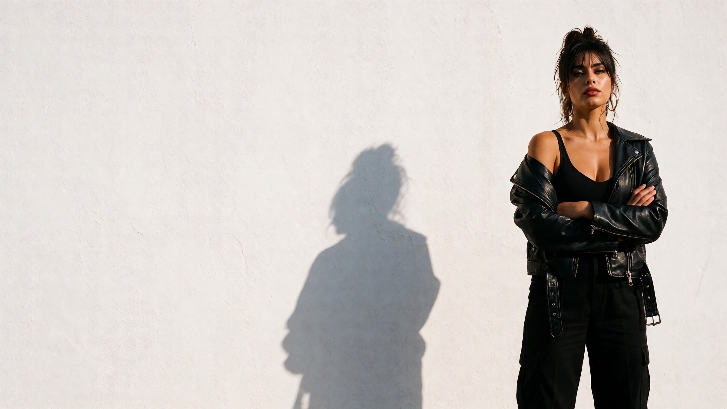 Zayra stands against a sunlit white wall, her shadow cast beside her
