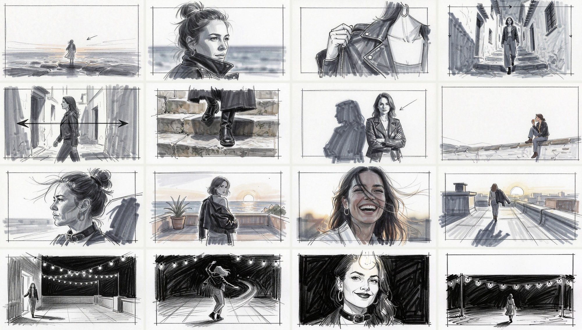 Sixteen hand-drawn pencil storyboard frames for the Entera film